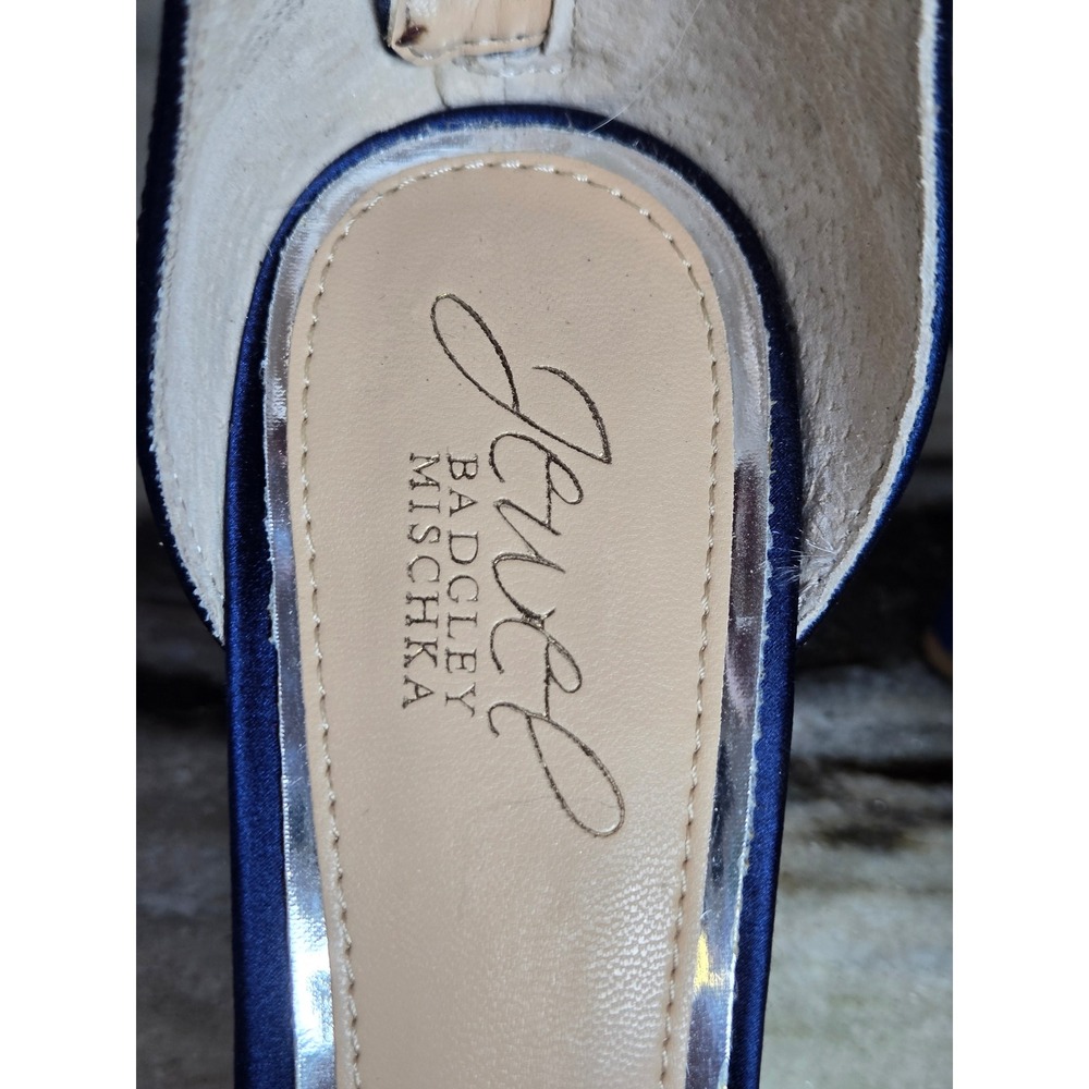 Jewel Badgley Mischka Navy Blue Satin Stone Embellished Ankle Strap Heels 8 - Picture 4 of 11